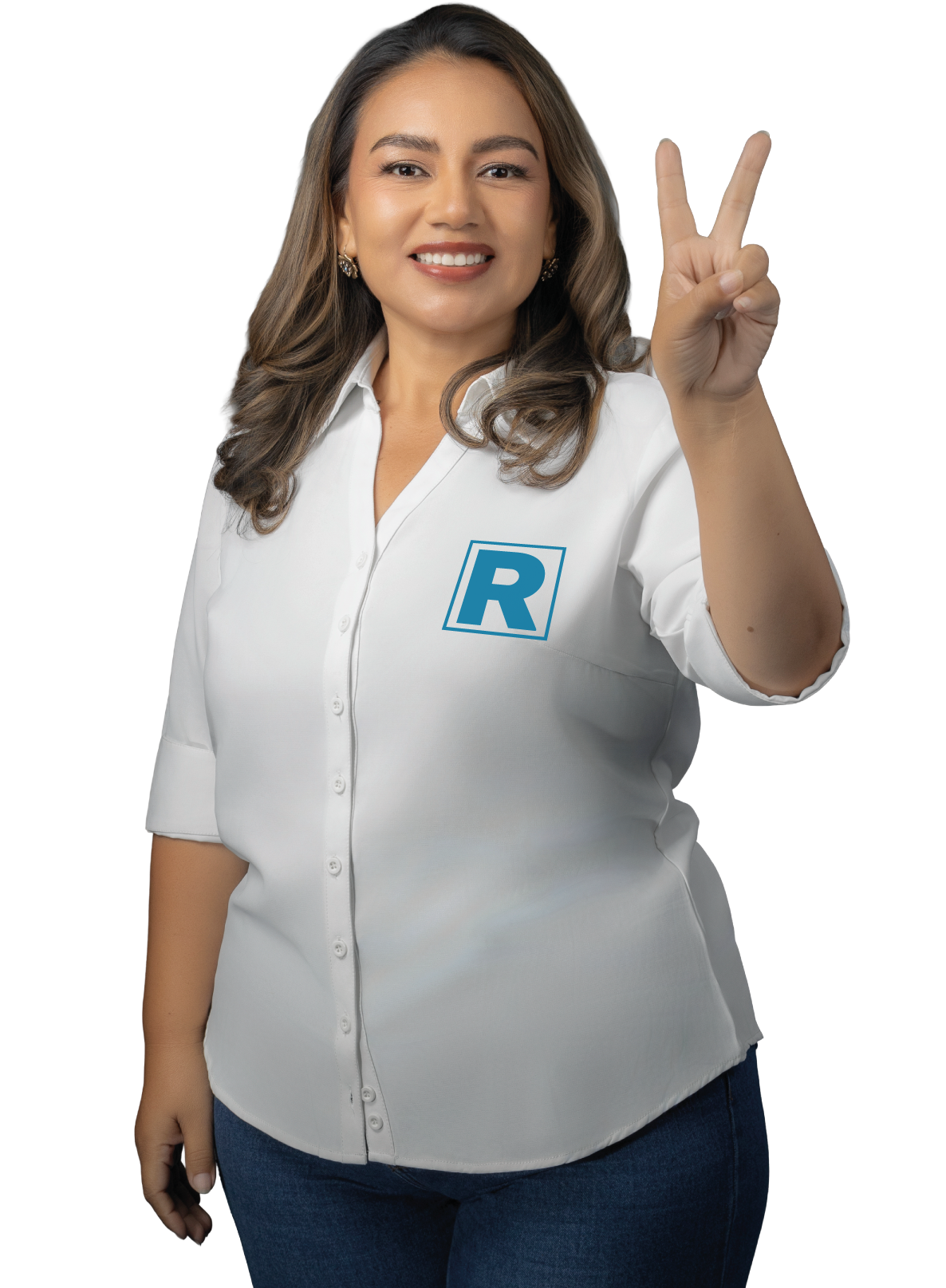 Susana Saldaña haciendo el símbolo de la victoria